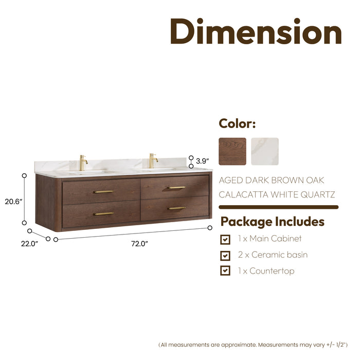 72-Inch Forte Double Sink Vanity – Floating Aged Oak Cabinet with White Quartz Surface