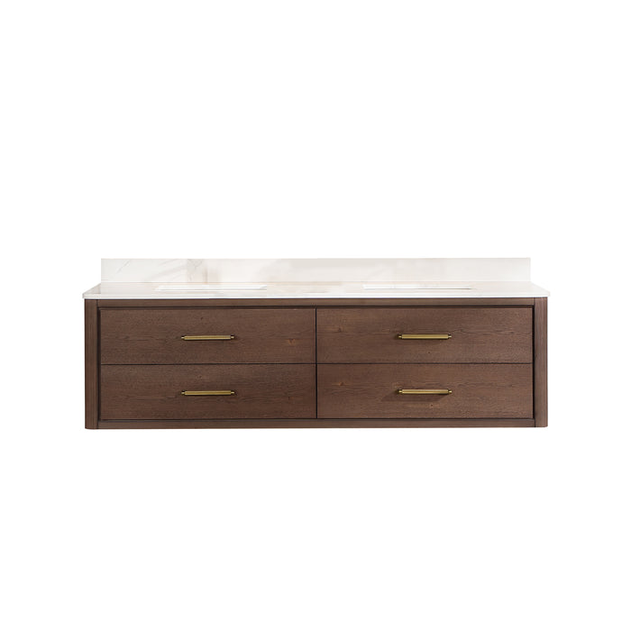 72-Inch Forte Double Sink Vanity – Floating Aged Oak Cabinet with White Quartz Surface