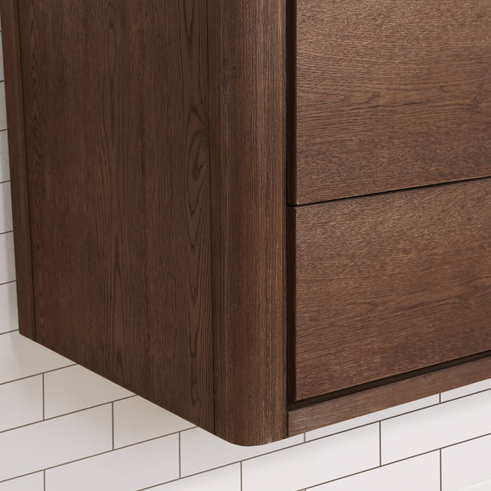 72-Inch Koa Floating Bathroom Vanity – Aged Brown Oak, Dual Sink, White Quartz Countertop & Mirror
