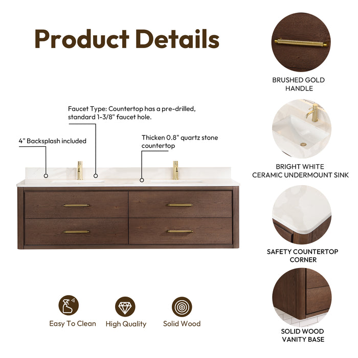 72-Inch Koa Floating Bathroom Vanity – Aged Brown Oak, Dual Sink, White Quartz Countertop & Mirror