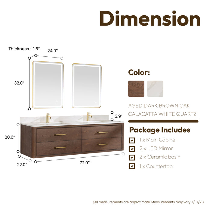 72-Inch Koa Floating Bathroom Vanity – Aged Brown Oak, Dual Sink, White Quartz Countertop & Mirror