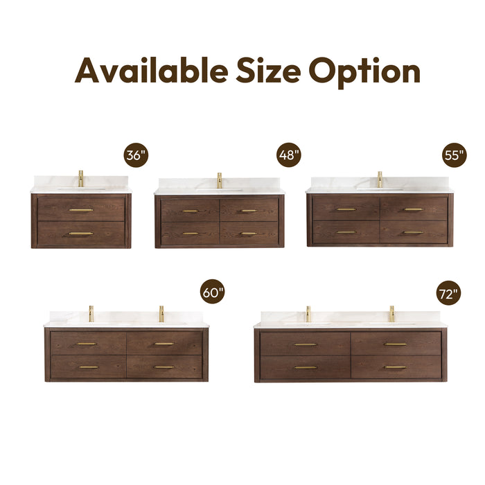 72-Inch Koa Floating Bathroom Vanity – Aged Brown Oak, Dual Sink, White Quartz Countertop & Mirror