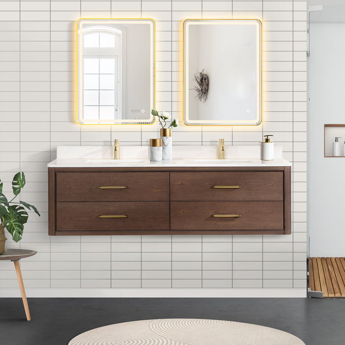 72-Inch Koa Floating Bathroom Vanity – Aged Brown Oak, Dual Sink, White Quartz Countertop & Mirror