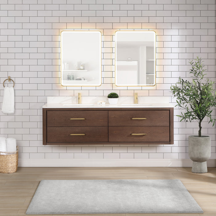 72-Inch Koa Floating Bathroom Vanity – Aged Brown Oak, Dual Sink, White Quartz Countertop & Mirror
