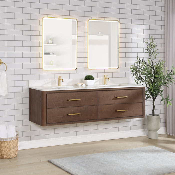72-Inch Koa Floating Bathroom Vanity – Aged Brown Oak, Dual Sink, White Quartz Countertop & Mirror