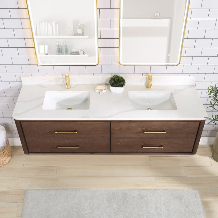 72-Inch Koa Floating Bathroom Vanity – Aged Brown Oak, Dual Sink, White Quartz Countertop & Mirror