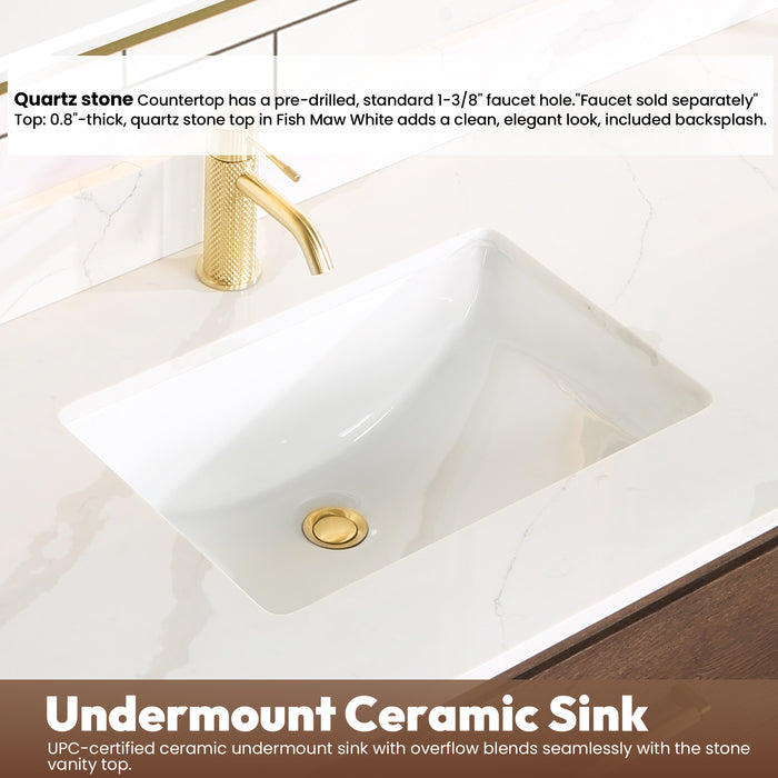 72-Inch Koa Floating Bathroom Vanity – Aged Brown Oak, Dual Sink, White Quartz Countertop & Mirror