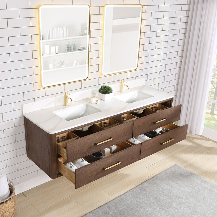 72-Inch Koa Floating Bathroom Vanity – Aged Brown Oak, Dual Sink, White Quartz Countertop & Mirror