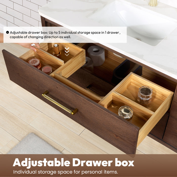 72-Inch Koa Floating Bathroom Vanity – Aged Brown Oak, Dual Sink, White Quartz Countertop & Mirror