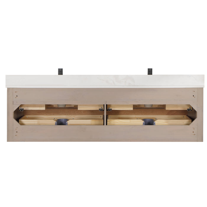 72-Inch Glow Vanity – Wall-Mounted Fir Frame with White Quartz Surface, Double Sinks & Matching Mirror