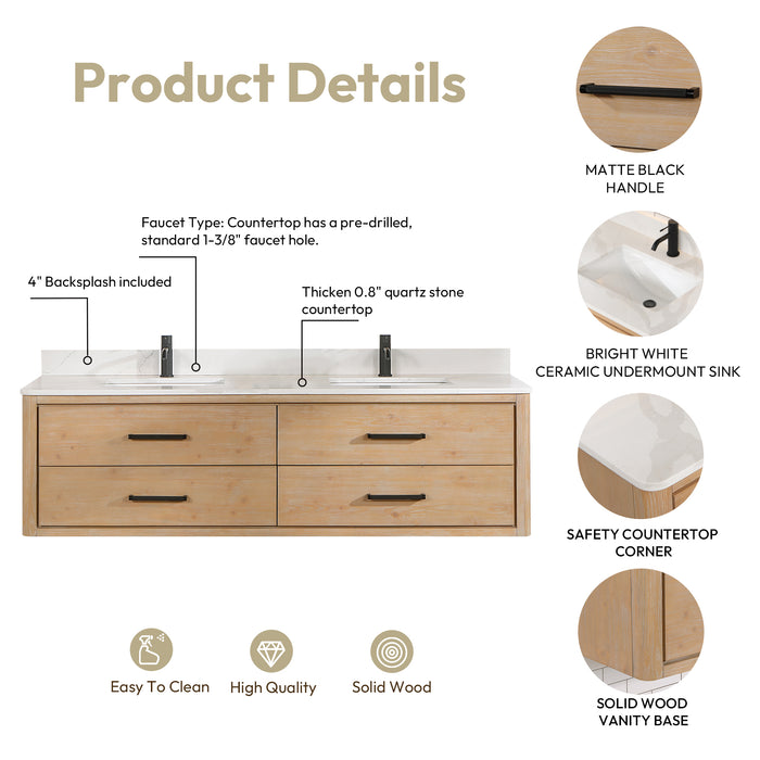 72-Inch Glow Vanity – Wall-Mounted Fir Frame with White Quartz Surface, Double Sinks & Matching Mirror