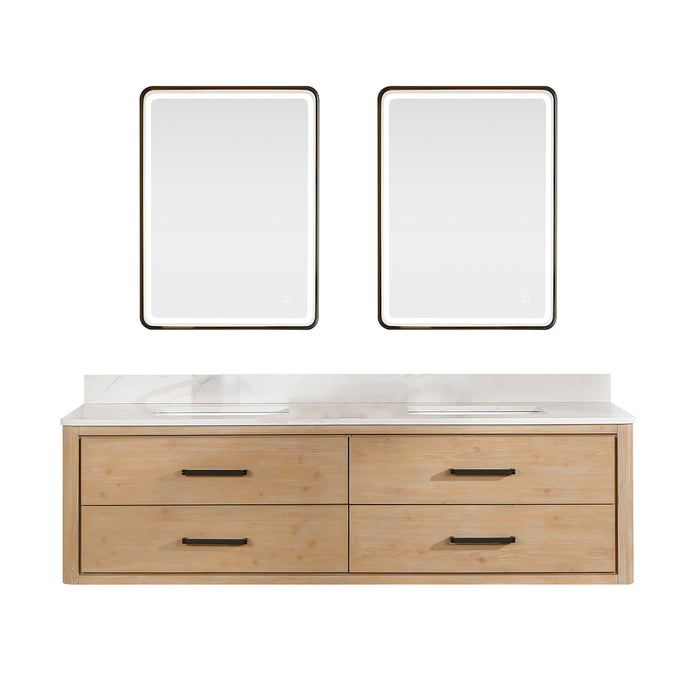 72-Inch Glow Vanity – Wall-Mounted Fir Frame with White Quartz Surface, Double Sinks & Matching Mirror