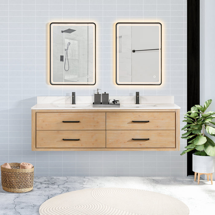 72-Inch Glow Vanity – Wall-Mounted Fir Frame with White Quartz Surface, Double Sinks & Matching Mirror