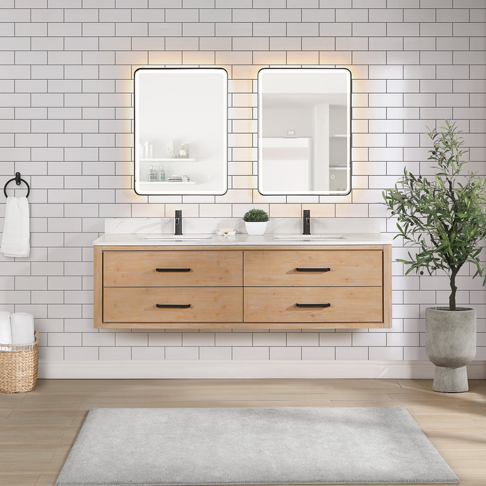 72-Inch Glow Vanity – Wall-Mounted Fir Frame with White Quartz Surface, Double Sinks & Matching Mirror