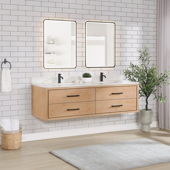 72-Inch Glow Vanity – Wall-Mounted Fir Frame with White Quartz Surface, Double Sinks & Matching Mirror
