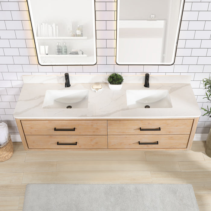 72-Inch Glow Vanity – Wall-Mounted Fir Frame with White Quartz Surface, Double Sinks & Matching Mirror