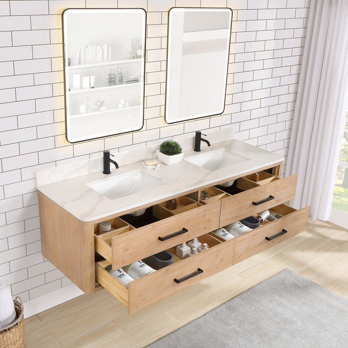 72-Inch Glow Vanity – Wall-Mounted Fir Frame with White Quartz Surface, Double Sinks & Matching Mirror