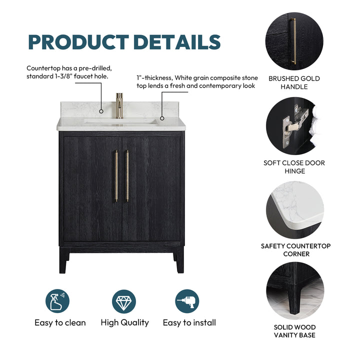 30-Inch Mirage Black Fir Wood Single Vanity - Free-Standing Bathroom Vanity with White Grain Stone Top & Soft-Close Drawers