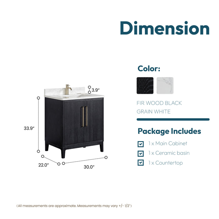 30-Inch Mirage Black Fir Wood Single Vanity - Free-Standing Bathroom Vanity with White Grain Stone Top & Soft-Close Drawers