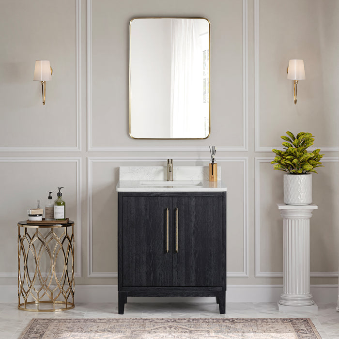 30-Inch Mirage Black Fir Wood Single Vanity - Free-Standing Bathroom Vanity with White Grain Stone Top & Soft-Close Drawers