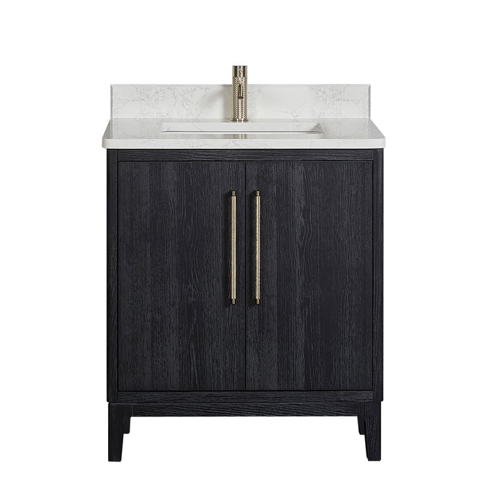 30-Inch Mirage Black Fir Wood Single Vanity - Free-Standing Bathroom Vanity with White Grain Stone Top & Soft-Close Drawers
