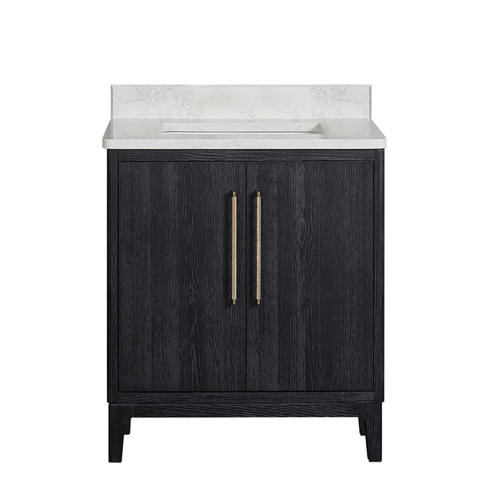 30-Inch Mirage Black Fir Wood Single Vanity - Free-Standing Bathroom Vanity with White Grain Stone Top & Soft-Close Drawers