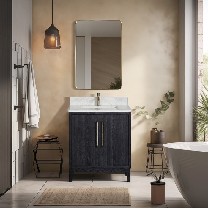 30-Inch Mirage Black Fir Wood Single Vanity - Free-Standing Bathroom Vanity with White Grain Stone Top & Soft-Close Drawers