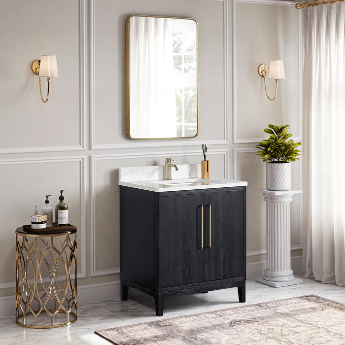 30-Inch Mirage Black Fir Wood Single Vanity - Free-Standing Bathroom Vanity with White Grain Stone Top & Soft-Close Drawers
