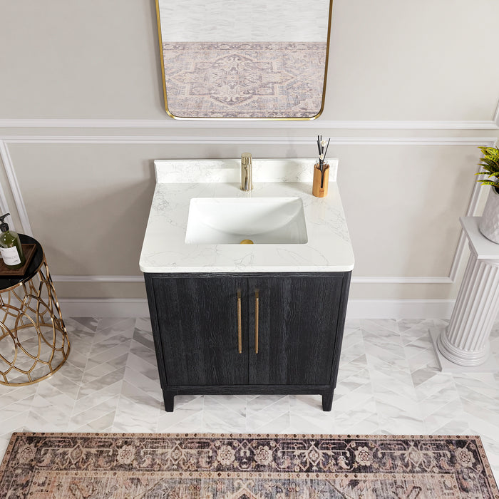 30-Inch Mirage Black Fir Wood Single Vanity - Free-Standing Bathroom Vanity with White Grain Stone Top & Soft-Close Drawers