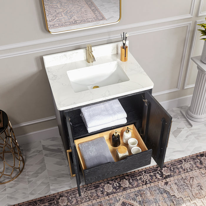 30-Inch Mirage Black Fir Wood Single Vanity - Free-Standing Bathroom Vanity with White Grain Stone Top & Soft-Close Drawers