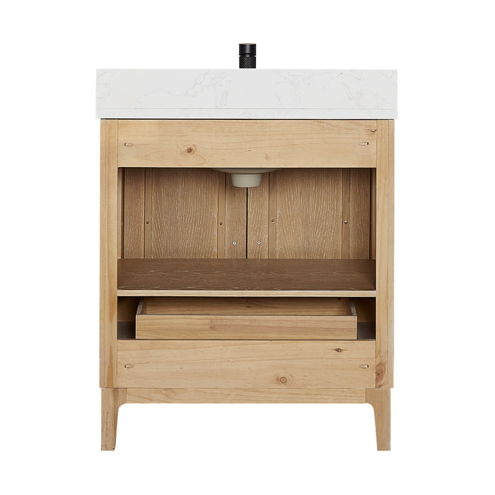30-Inch Elm Washed Ash Grey Vanity Free-Standing Single Sink Solid Wood with White Composite Stone Top & Mirror