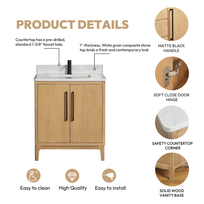 30-Inch Elm Washed Ash Grey Vanity Free-Standing Single Sink Solid Wood with White Composite Stone Top & Mirror
