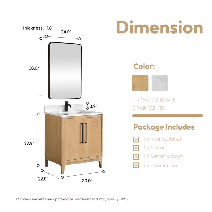 30-Inch Elm Washed Ash Grey Vanity Free-Standing Single Sink Solid Wood with White Composite Stone Top & Mirror