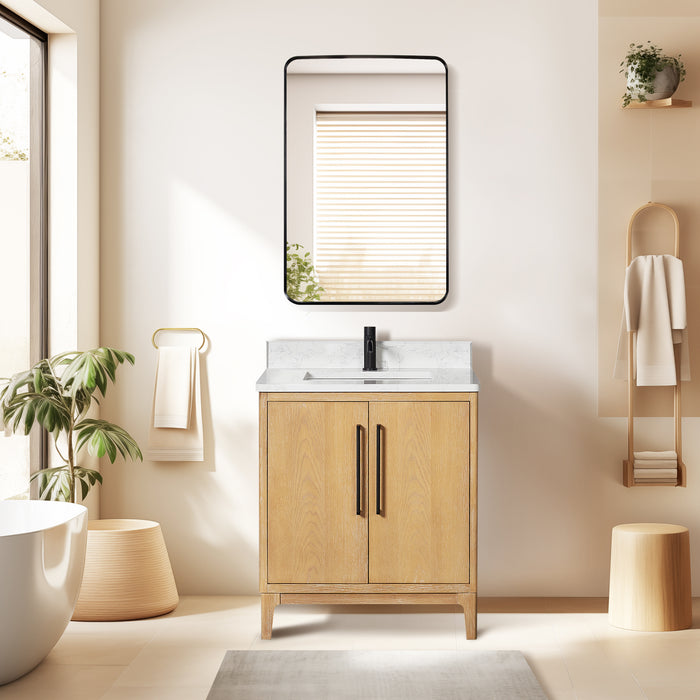 30-Inch Elm Washed Ash Grey Vanity Free-Standing Single Sink Solid Wood with White Composite Stone Top & Mirror
