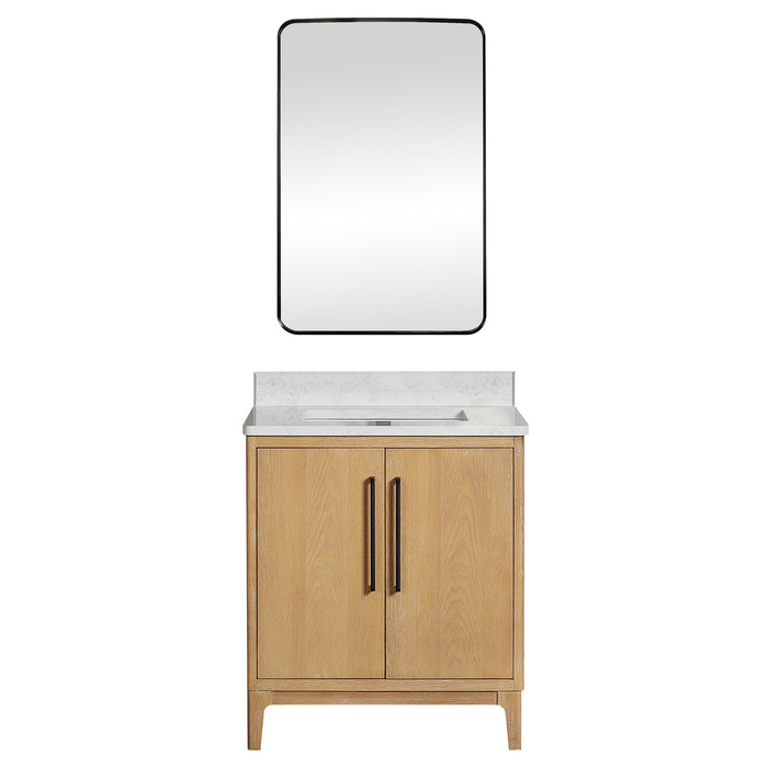 30-Inch Elm Washed Ash Grey Vanity Free-Standing Single Sink Solid Wood with White Composite Stone Top & Mirror