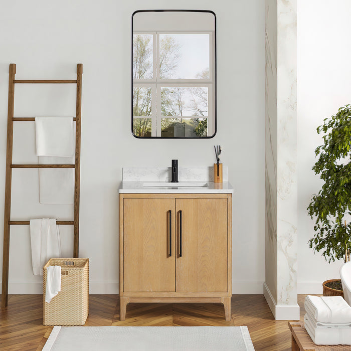 30-Inch Elm Washed Ash Grey Vanity Free-Standing Single Sink Solid Wood with White Composite Stone Top & Mirror