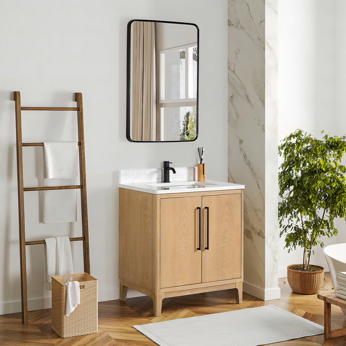 30-Inch Elm Washed Ash Grey Vanity Free-Standing Single Sink Solid Wood with White Composite Stone Top & Mirror