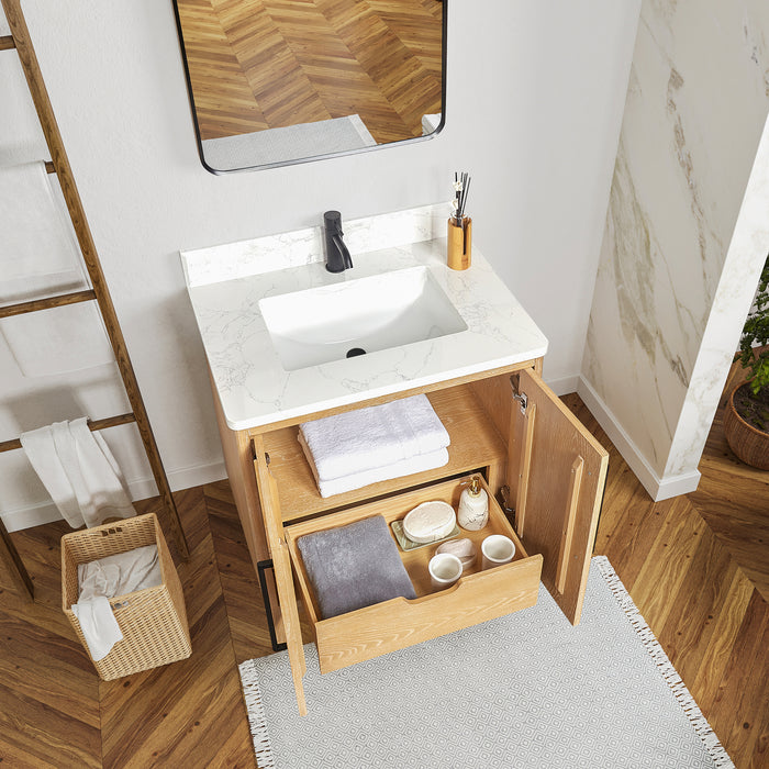 30-Inch Elm Washed Ash Grey Vanity Free-Standing Single Sink Solid Wood with White Composite Stone Top & Mirror