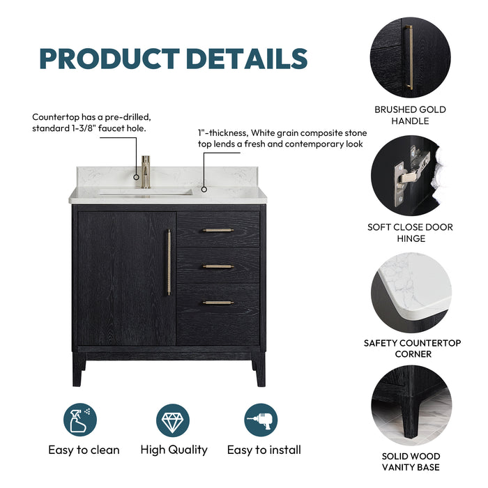 36 Inch Black Fir Wood Single Montreux Sink Vanity Freestanding with White Composite Stone Top & Undermount Basin