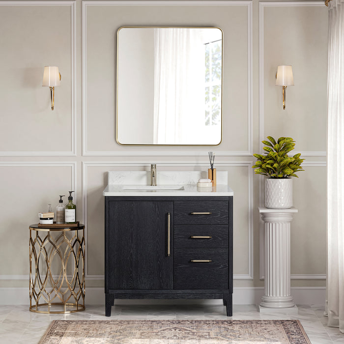 36 Inch Black Fir Wood Single Montreux Sink Vanity Freestanding with White Composite Stone Top & Undermount Basin