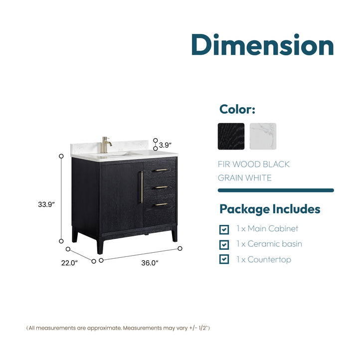 36 Inch Black Fir Wood Single Montreux Sink Vanity Freestanding with White Composite Stone Top & Undermount Basin