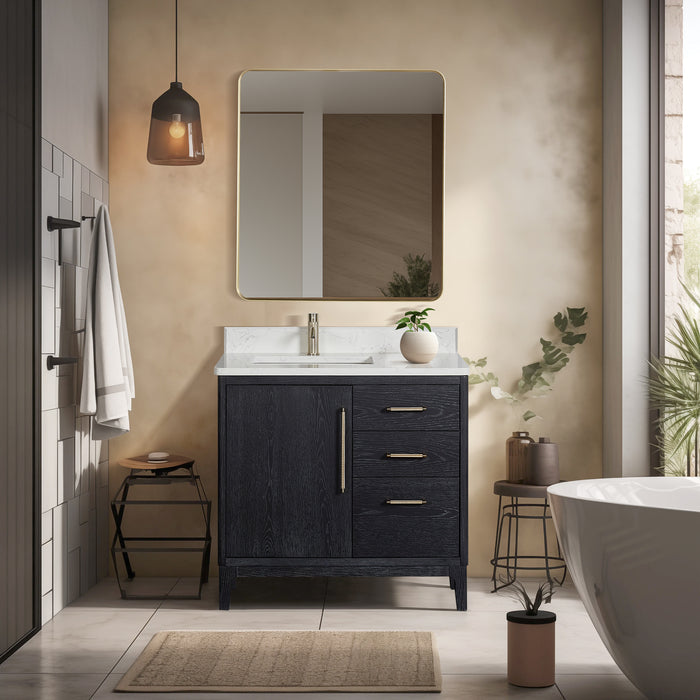 36 Inch Black Fir Wood Single Montreux Sink Vanity Freestanding with White Composite Stone Top & Undermount Basin