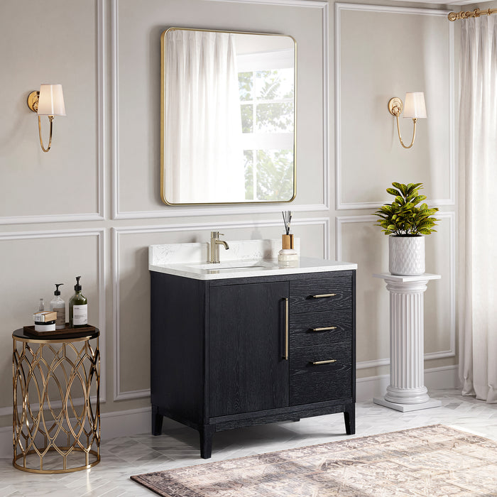 36 Inch Black Fir Wood Single Montreux Sink Vanity Freestanding with White Composite Stone Top & Undermount Basin
