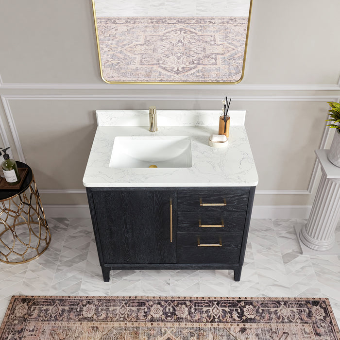 36 Inch Black Fir Wood Single Montreux Sink Vanity Freestanding with White Composite Stone Top & Undermount Basin