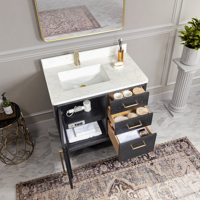 36 Inch Black Fir Wood Single Montreux Sink Vanity Freestanding with White Composite Stone Top & Undermount Basin