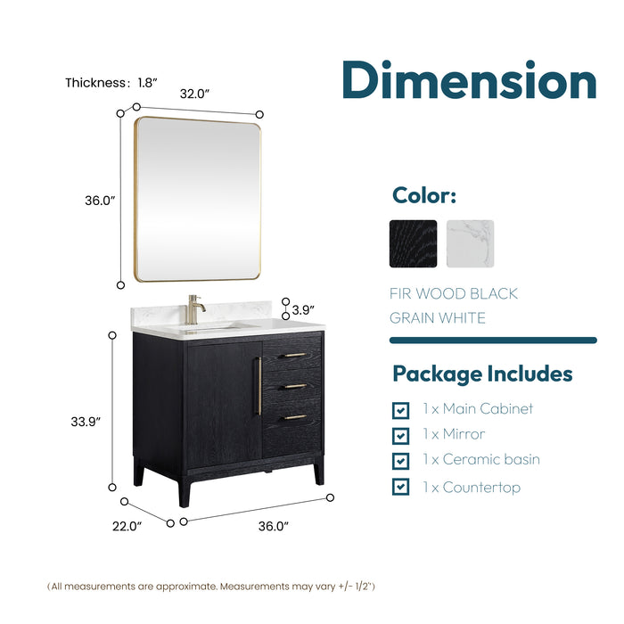 36-Inch Mosaic Black Fir Wood Gara Bathroom Vanity Single Sink with White Grain Top and Mirror