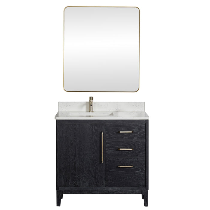36-Inch Mosaic Black Fir Wood Gara Bathroom Vanity Single Sink with White Grain Top and Mirror