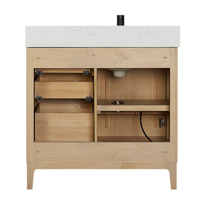 36-Inch Muse Single Vanity Free-Standing Washed Ash Grey Wood with White Grain Stone Top & Undermount Sink