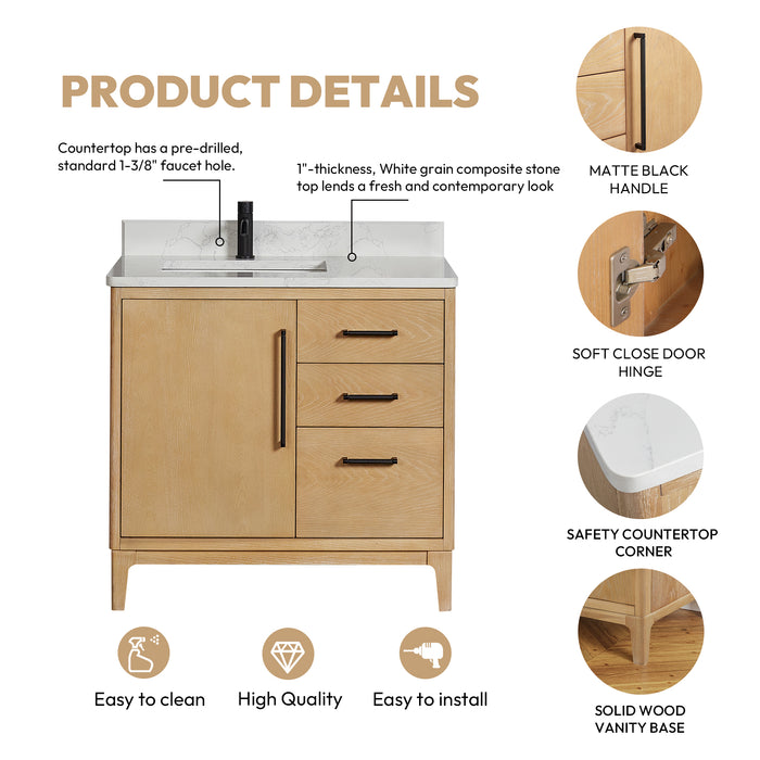 36-Inch Muse Single Vanity Free-Standing Washed Ash Grey Wood with White Grain Stone Top & Undermount Sink