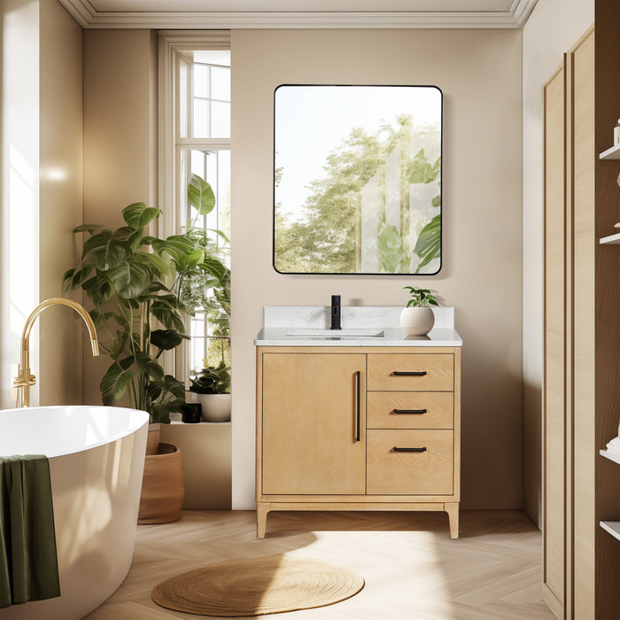 36-Inch Muse Single Vanity Free-Standing Washed Ash Grey Wood with White Grain Stone Top & Undermount Sink